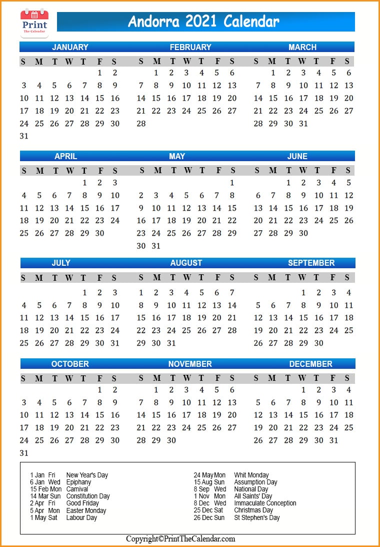 Andorra Calendar 2021